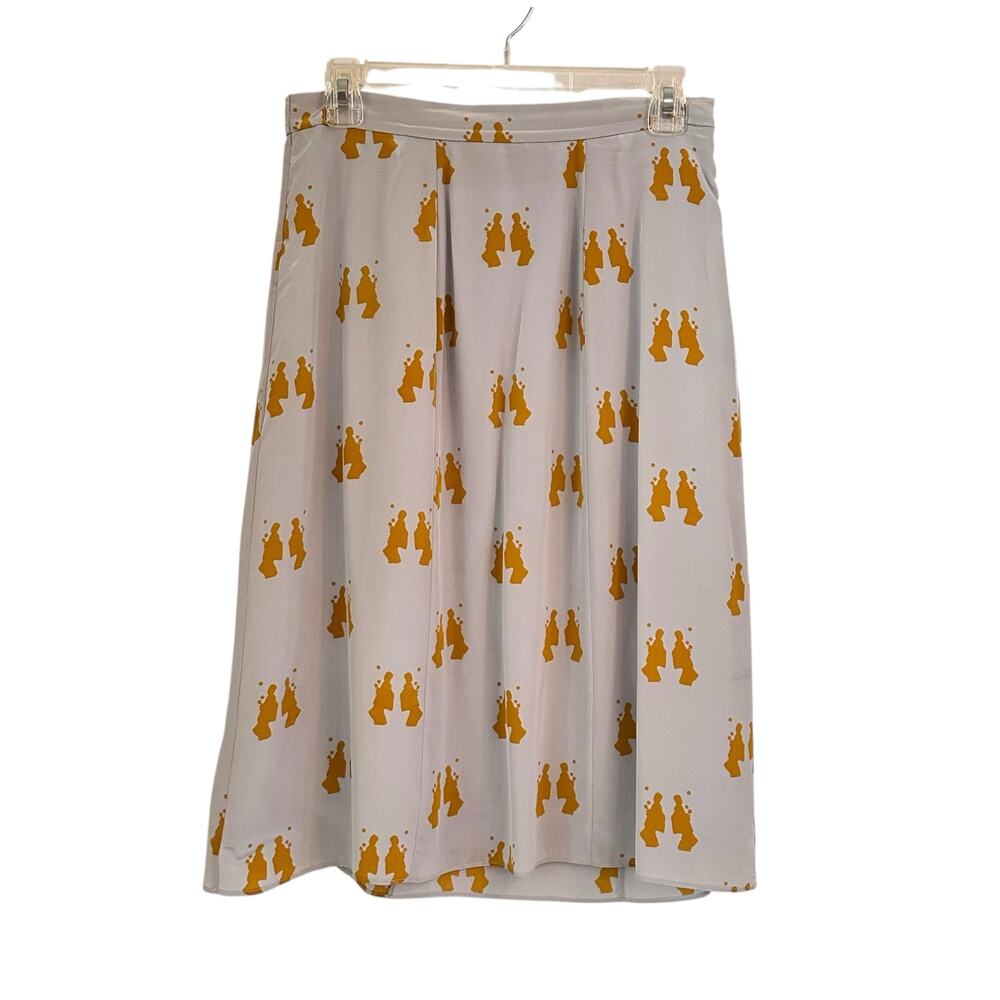 Anthro Charlotte Taylor Silk A-Line Skirt Juggling Figures Gray Yellow NO BELT